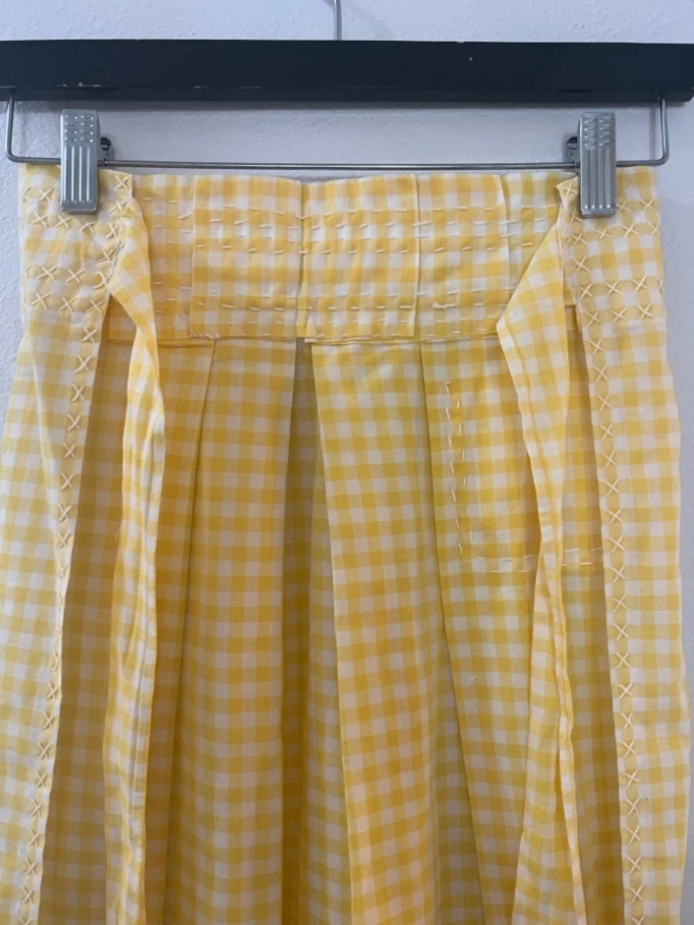 Vintage Yellow Gingham handmade apron  front pocket Embroidered cross stitch